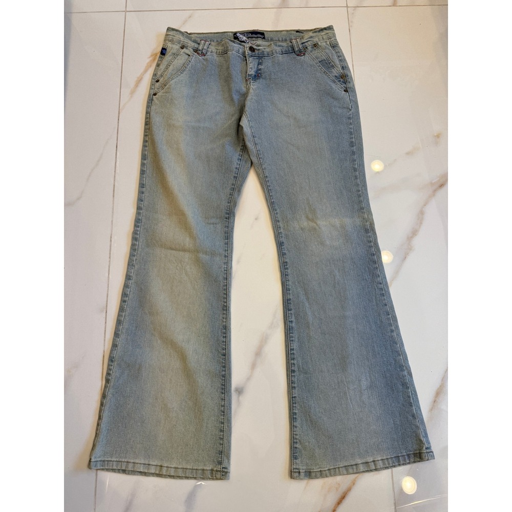 Tyte Women Light Wash Low Rise Flare Jeans Size 9 Red Contrast Stitching Vintage